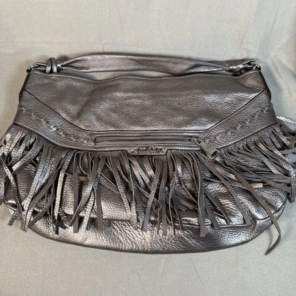 Aimee Kestenberg Fringed Silver Leather Boho Hobo Shoulder Bag Large Y2K